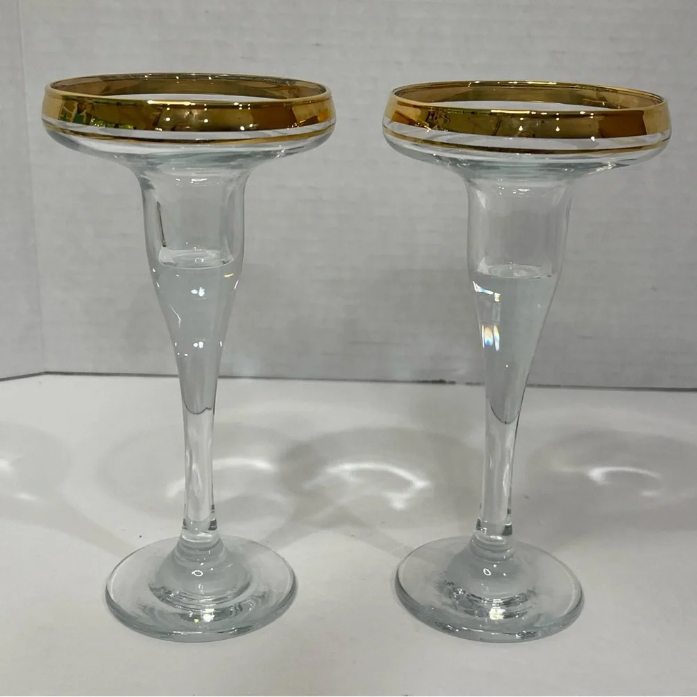 Gold Rimmed Crystal Stemmed Candlestick Holders 6.75” Formal Elegant VTG 2 Set